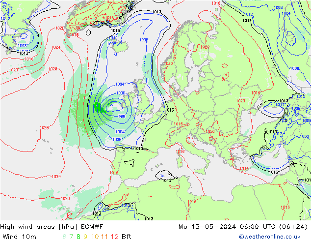 High wind areas ECMWF пн 13.05.2024 06 UTC
