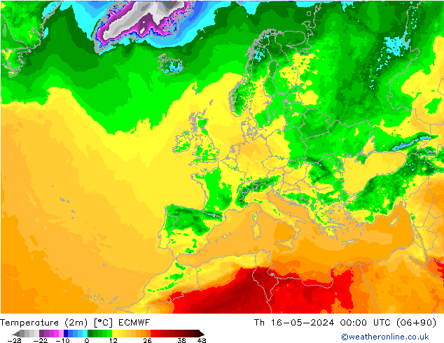 mapa temperatury (2m) ECMWF czw. 16.05.2024 00 UTC