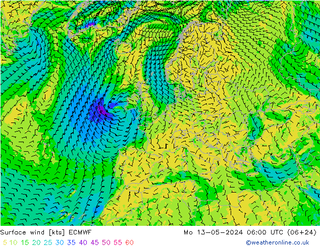 Surface wind ECMWF Mo 13.05.2024 06 UTC