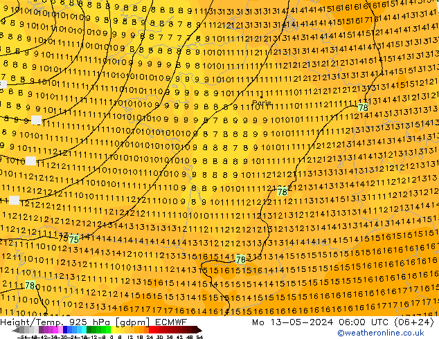 Height/Temp. 925 гПа ECMWF пн 13.05.2024 06 UTC