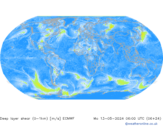 Deep layer shear (0-1km) ECMWF Mo 13.05.2024 06 UTC