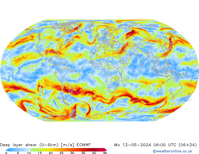 Deep layer shear (0-6km) ECMWF Mo 13.05.2024 06 UTC