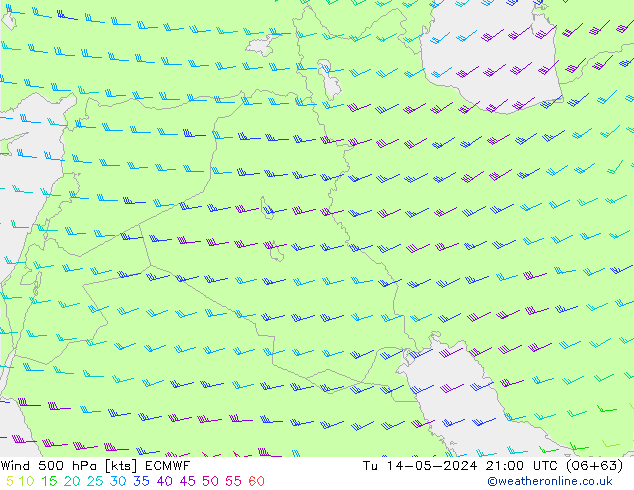 Wind 500 hPa ECMWF Tu 14.05.2024 21 UTC