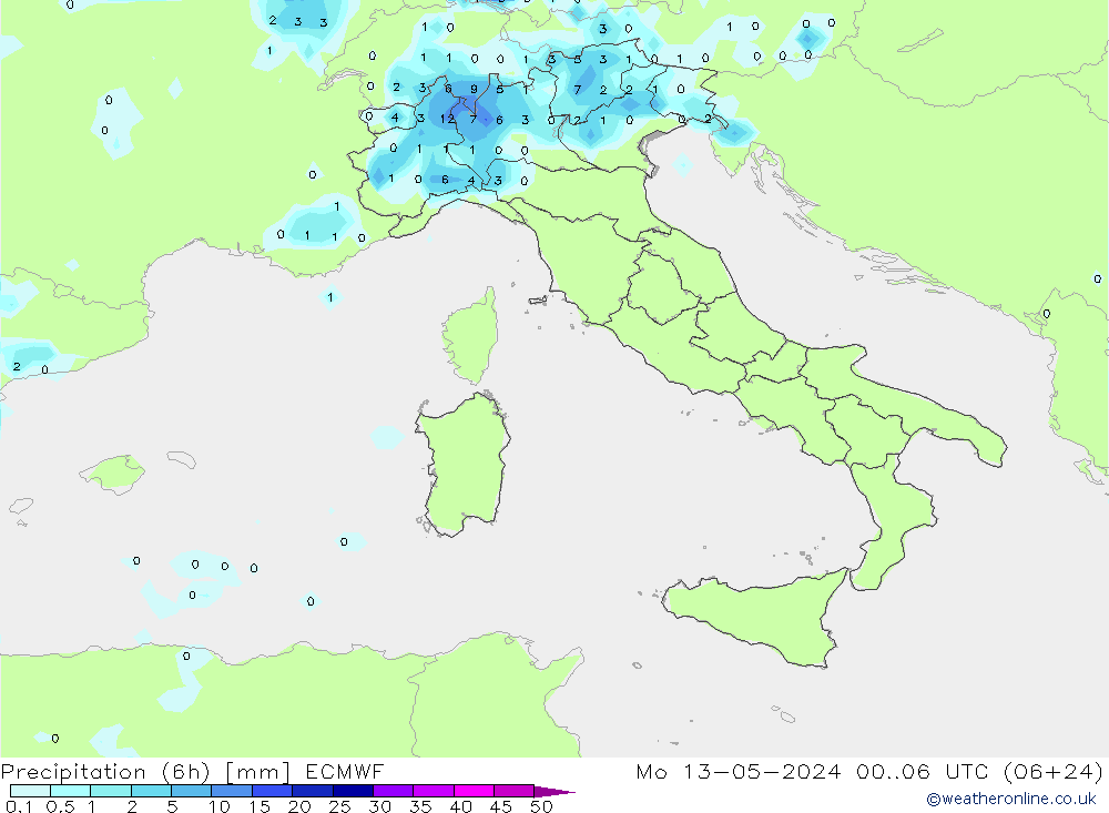 Precipitation (6h) ECMWF Po 13.05.2024 06 UTC