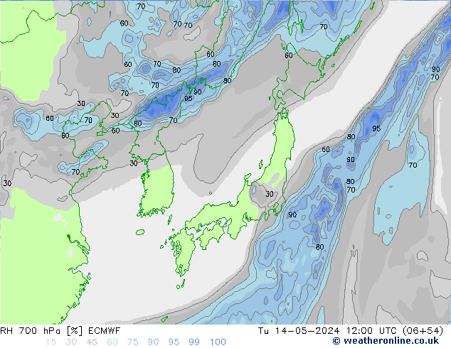 RH 700 hPa ECMWF Tu 14.05.2024 12 UTC