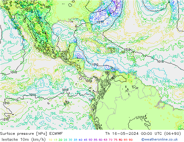 Isotaca (kph) ECMWF jue 16.05.2024 00 UTC