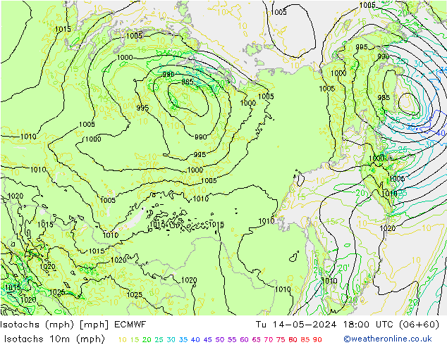 Isotachs (mph) ECMWF Tu 14.05.2024 18 UTC