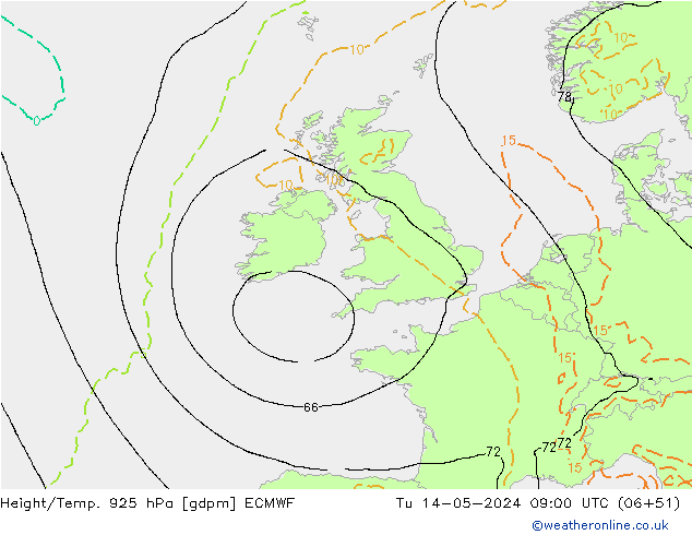 Hoogte/Temp. 925 hPa ECMWF di 14.05.2024 09 UTC