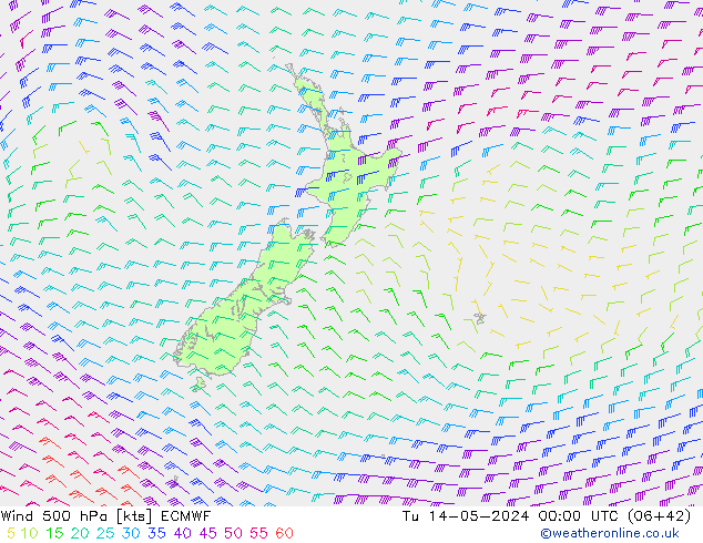 Wind 500 hPa ECMWF Út 14.05.2024 00 UTC