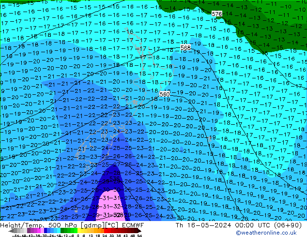 Height/Temp. 500 hPa ECMWF Do 16.05.2024 00 UTC