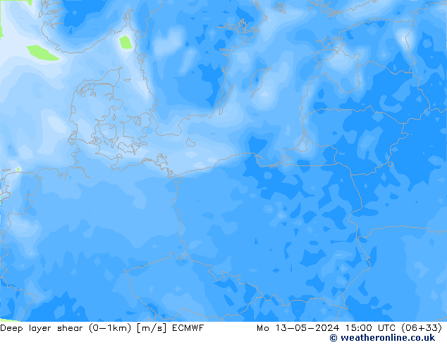 Deep layer shear (0-1km) ECMWF Mo 13.05.2024 15 UTC