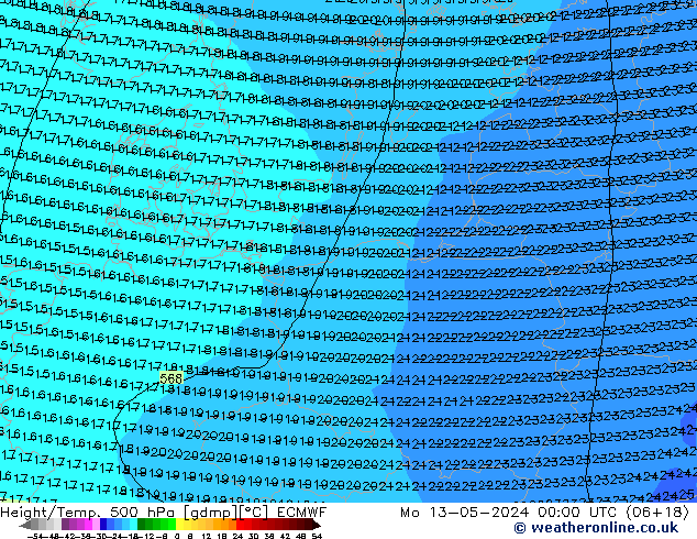 Z500/Rain (+SLP)/Z850 ECMWF Mo 13.05.2024 00 UTC