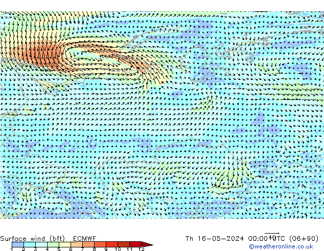 Wind 10 m (bft) ECMWF do 16.05.2024 00 UTC