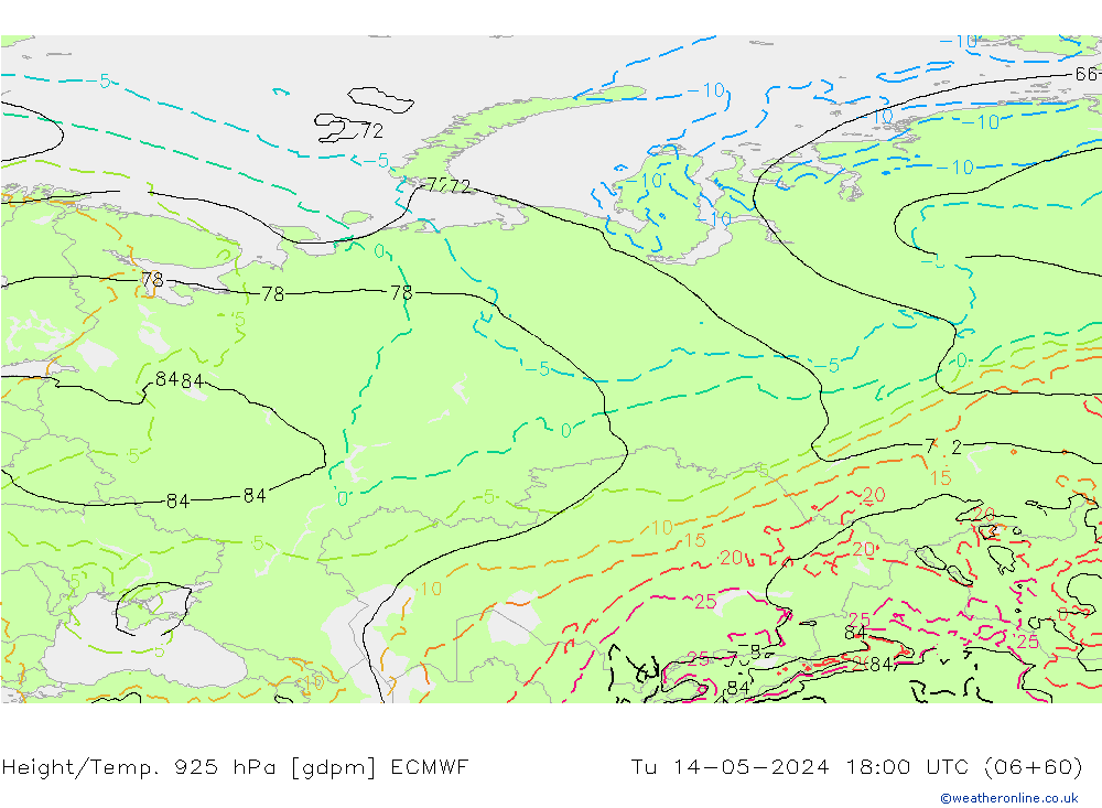 Height/Temp. 925 hPa ECMWF wto. 14.05.2024 18 UTC
