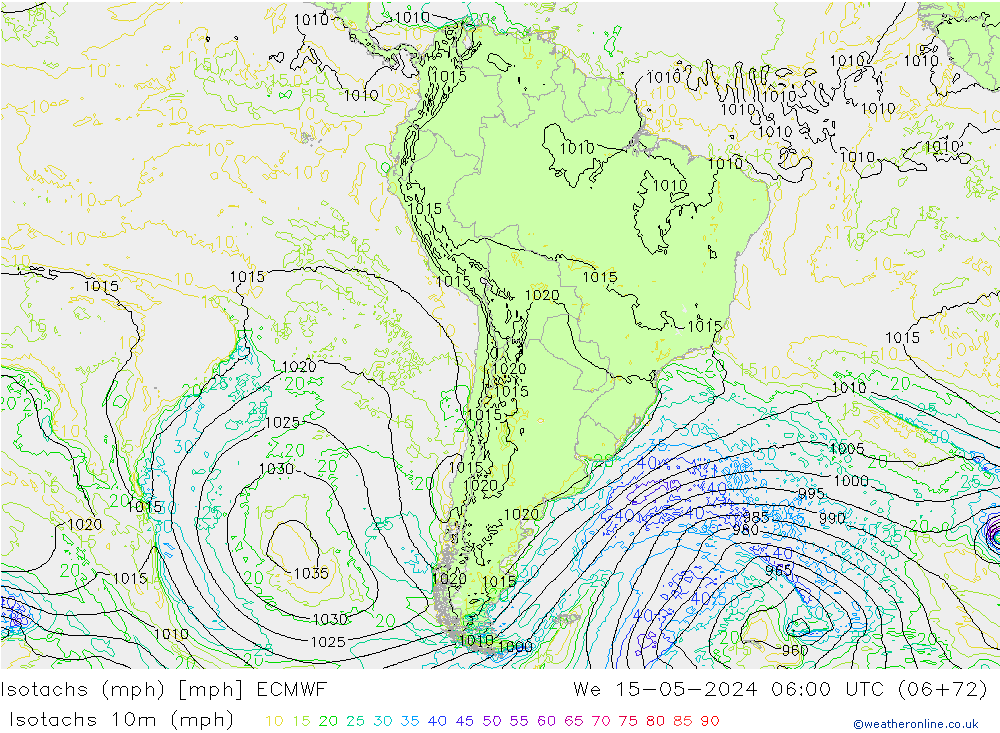 Isotachen (mph) ECMWF wo 15.05.2024 06 UTC