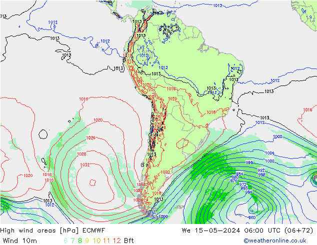 High wind areas ECMWF We 15.05.2024 06 UTC