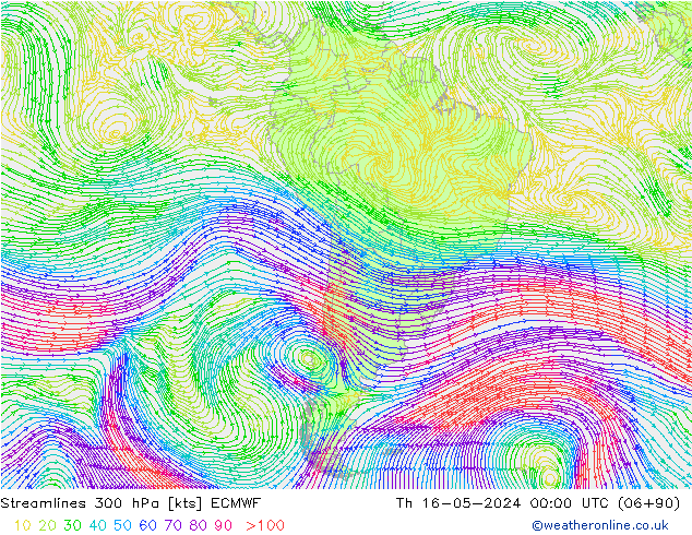 Linea di flusso 300 hPa ECMWF gio 16.05.2024 00 UTC