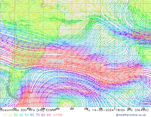 Streamlines 200 hPa ECMWF Tu 14.05.2024 18 UTC