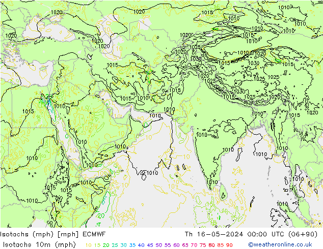Isotachs (mph) ECMWF  16.05.2024 00 UTC