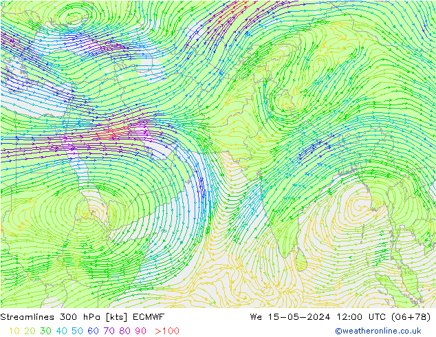 Linea di flusso 300 hPa ECMWF mer 15.05.2024 12 UTC