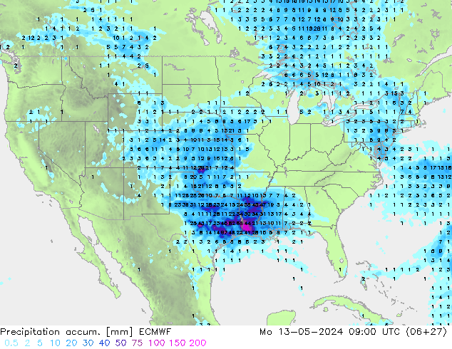 Precipitation accum. ECMWF pon. 13.05.2024 09 UTC