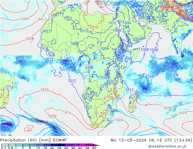 Precipitation (6h) ECMWF Po 13.05.2024 12 UTC