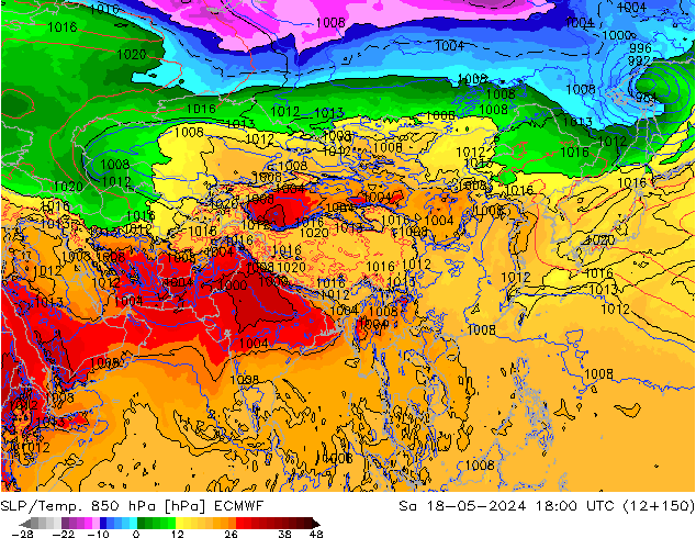 SLP/Temp. 850 hPa ECMWF sáb 18.05.2024 18 UTC