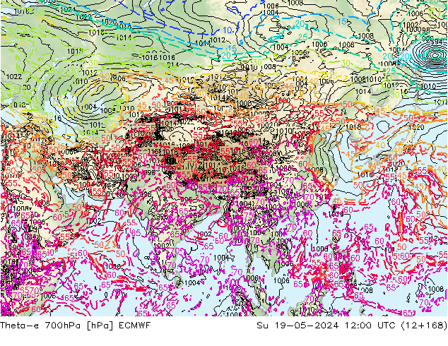 Theta-e 700hPa ECMWF zo 19.05.2024 12 UTC