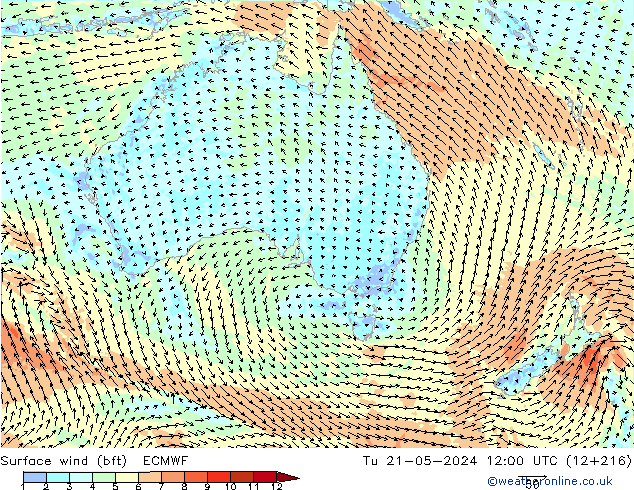 Surface wind (bft) ECMWF Út 21.05.2024 12 UTC