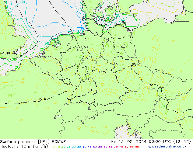 10米等风速线 (kph) ECMWF 星期一 13.05.2024 00 UTC