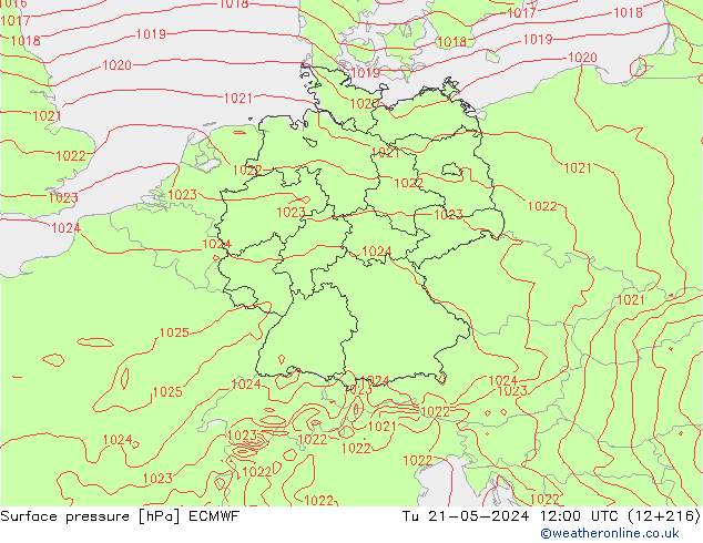 Surface pressure ECMWF Tu 21.05.2024 12 UTC