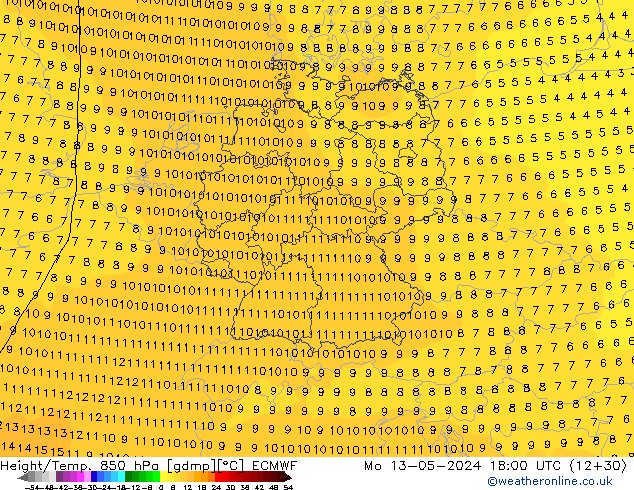 Z500/Yağmur (+YB)/Z850 ECMWF Pzt 13.05.2024 18 UTC