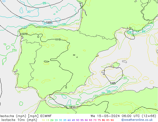 Isotachs (mph) ECMWF We 15.05.2024 06 UTC
