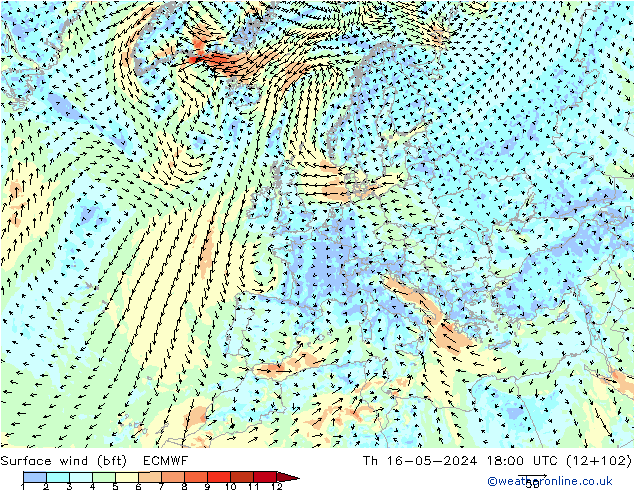 Surface wind (bft) ECMWF Th 16.05.2024 18 UTC