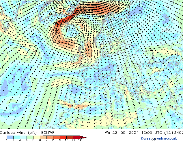 Wind 10 m (bft) ECMWF wo 22.05.2024 12 UTC
