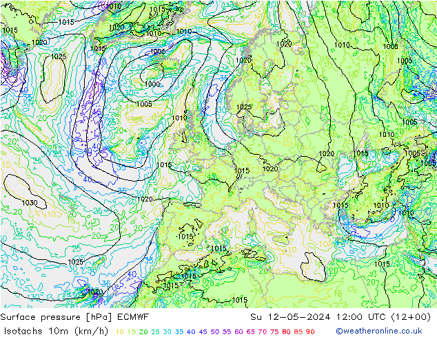 10米等风速线 (kph) ECMWF 星期日 12.05.2024 12 UTC