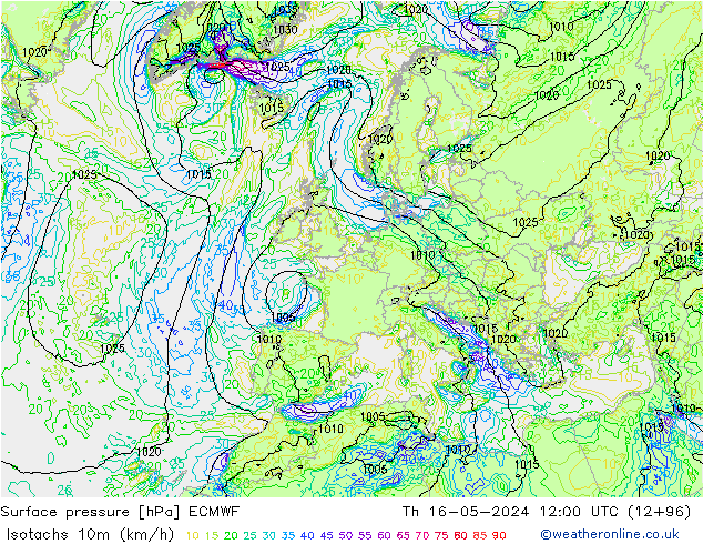 Isotachen (km/h) ECMWF Do 16.05.2024 12 UTC