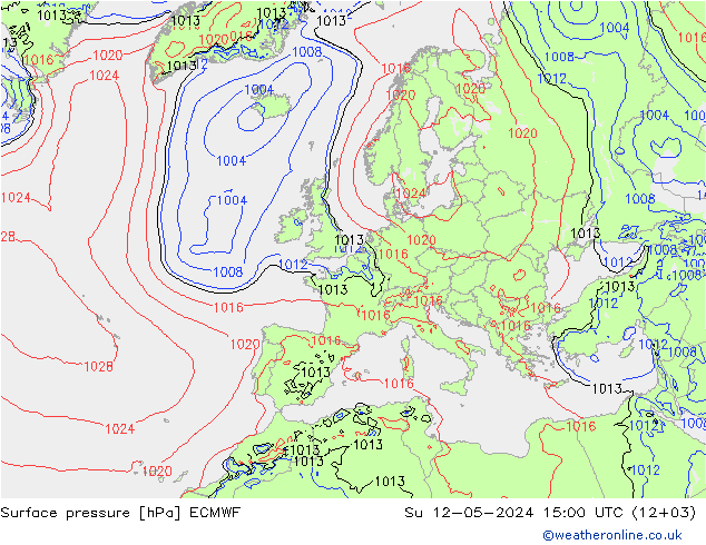 Atmosférický tlak ECMWF Ne 12.05.2024 15 UTC