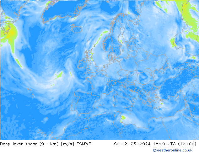 Deep layer shear (0-1km) ECMWF Su 12.05.2024 18 UTC