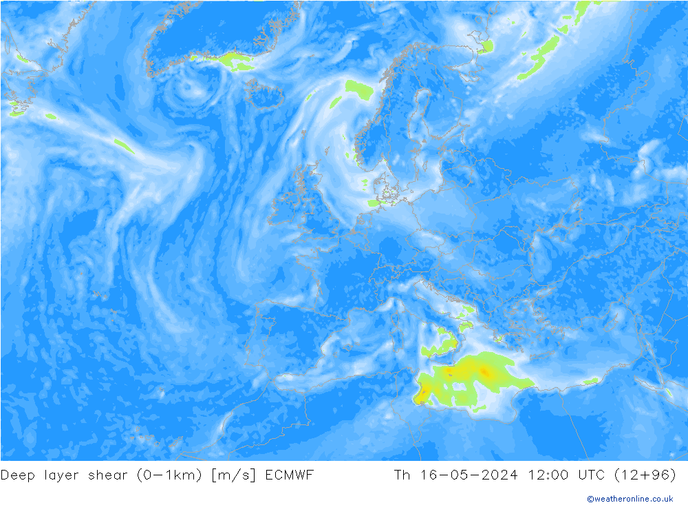 Deep layer shear (0-1km) ECMWF Do 16.05.2024 12 UTC