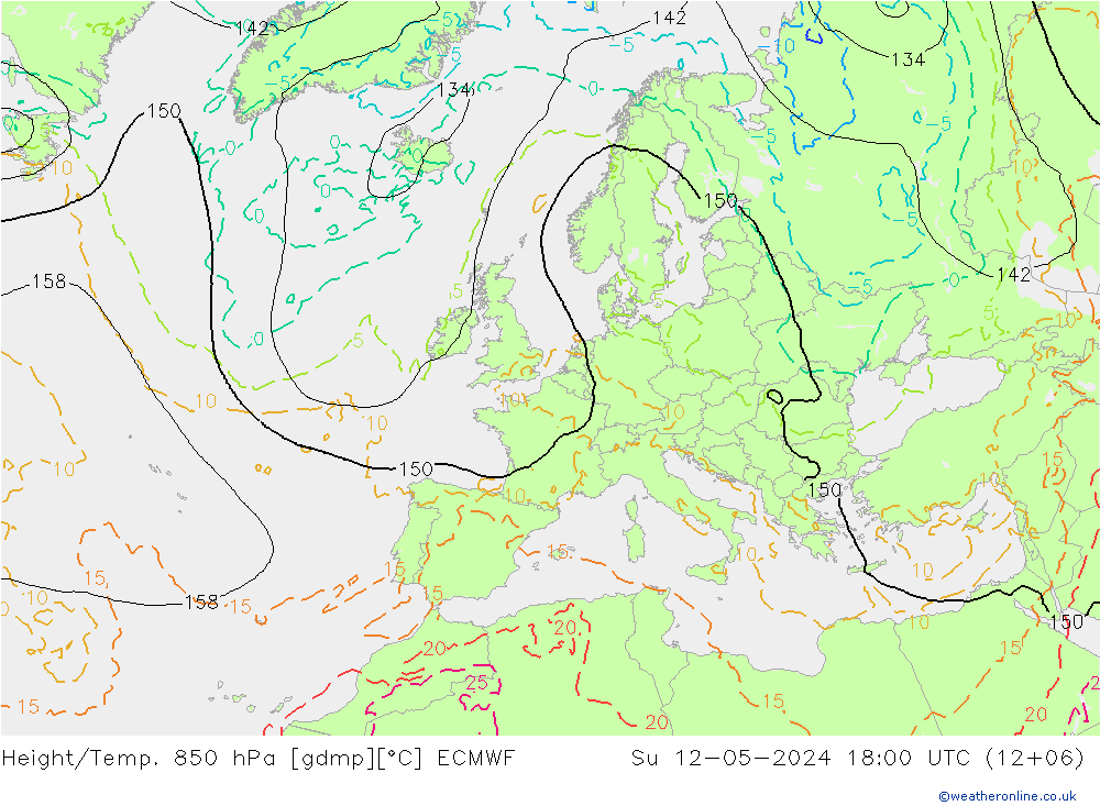 Hoogte/Temp. 850 hPa ECMWF zo 12.05.2024 18 UTC