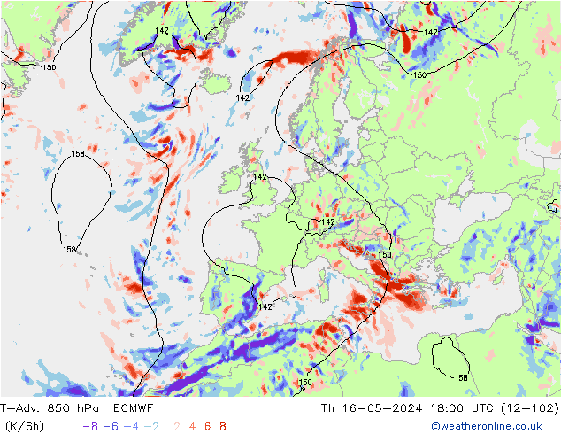 T-Adv. 850 hPa ECMWF jue 16.05.2024 18 UTC