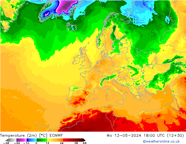 Temperatuurkaart (2m) ECMWF ma 13.05.2024 18 UTC