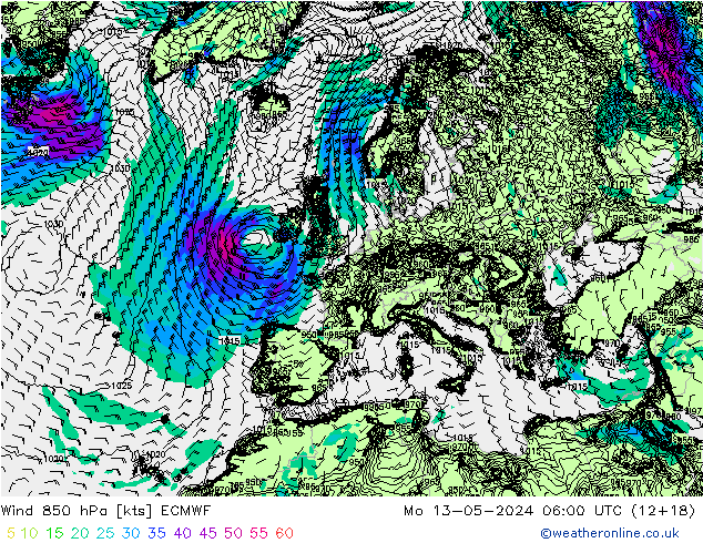 Wind 850 hPa ECMWF ma 13.05.2024 06 UTC