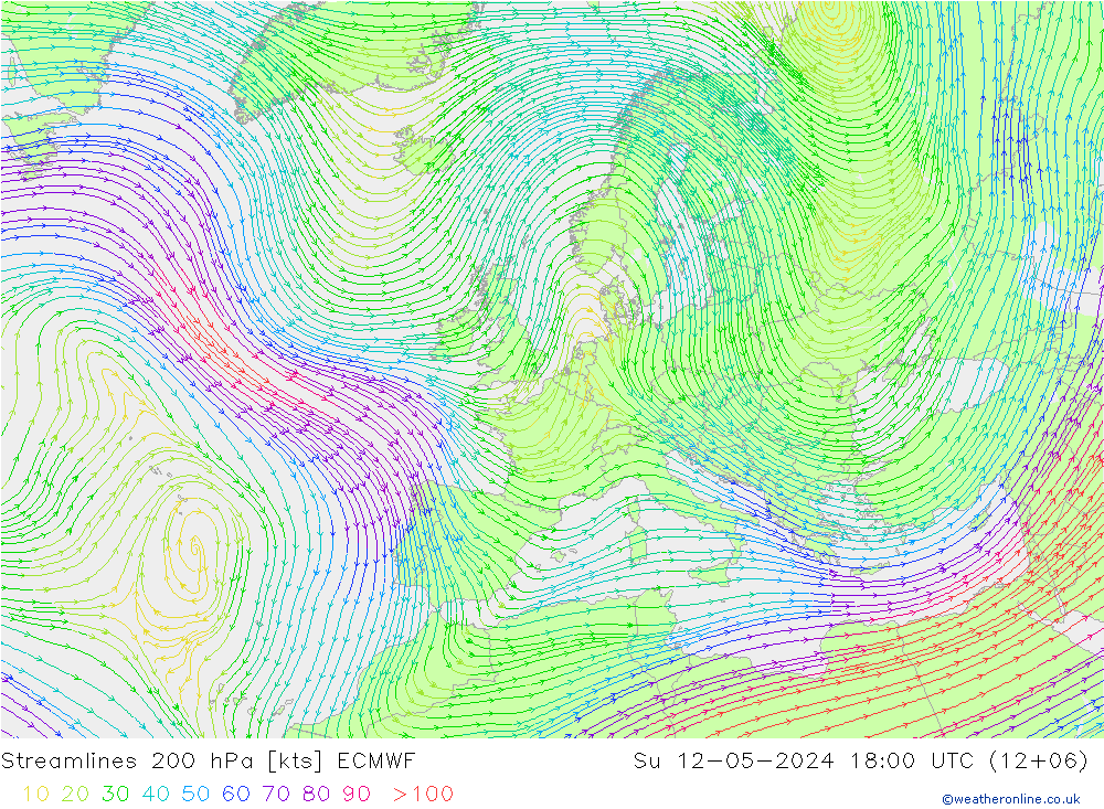 Linea di flusso 200 hPa ECMWF dom 12.05.2024 18 UTC