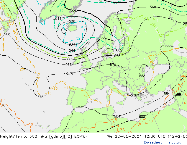 Z500/Rain (+SLP)/Z850 ECMWF ср 22.05.2024 12 UTC