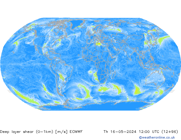 Deep layer shear (0-1km) ECMWF чт 16.05.2024 12 UTC