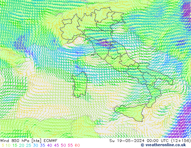 Wind 850 hPa ECMWF zo 19.05.2024 00 UTC