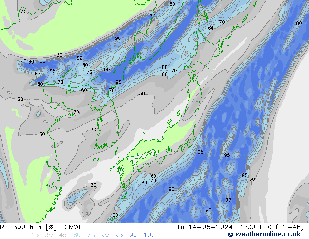 Humedad rel. 300hPa ECMWF mar 14.05.2024 12 UTC