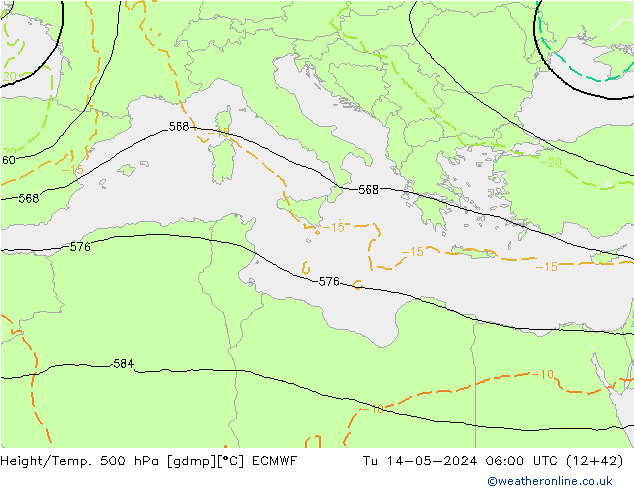 Height/Temp. 500 hPa ECMWF Út 14.05.2024 06 UTC